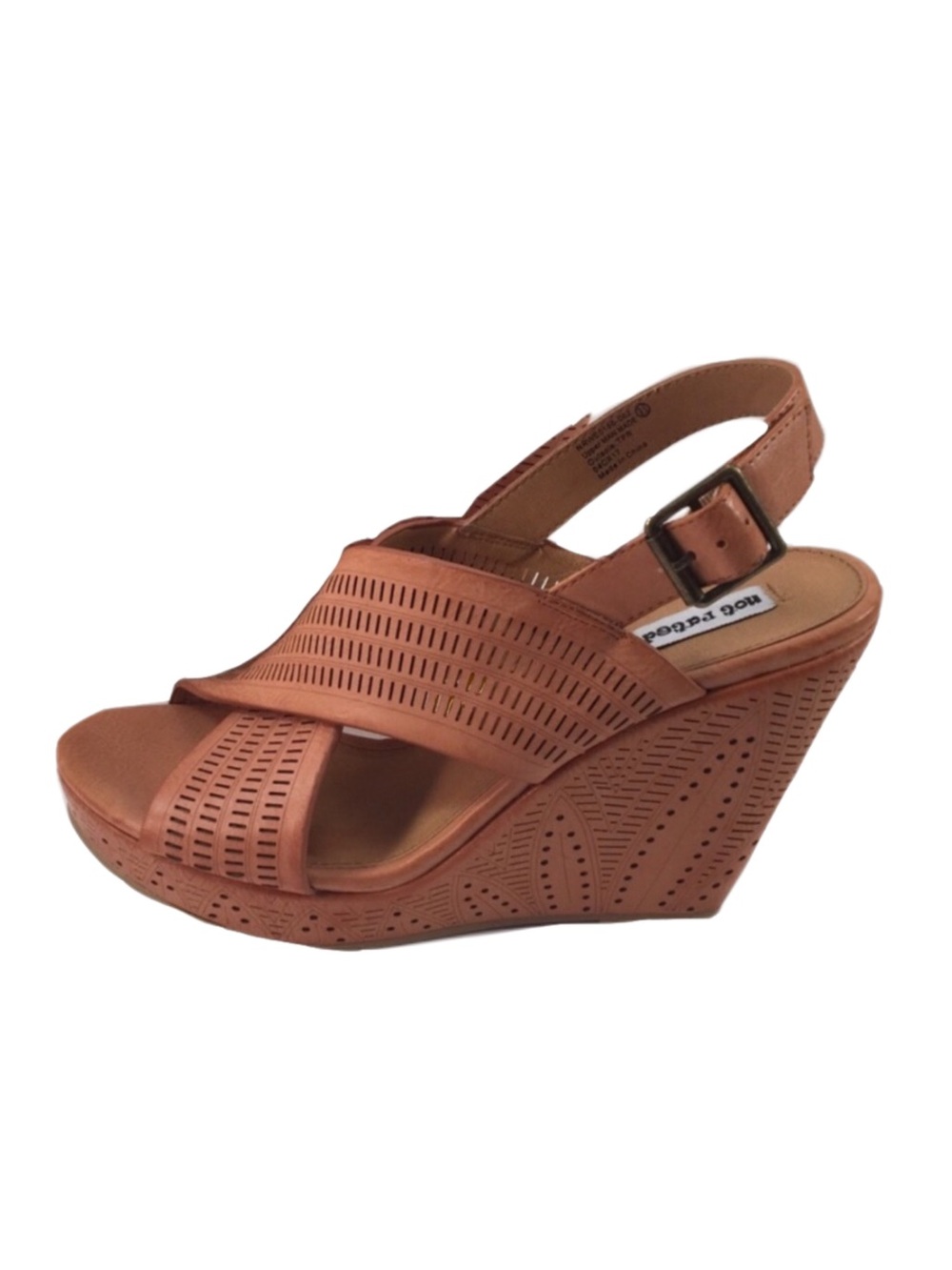 Saddle Tan Faux Leather Wedge Open Toe Sandal Sz 9.5